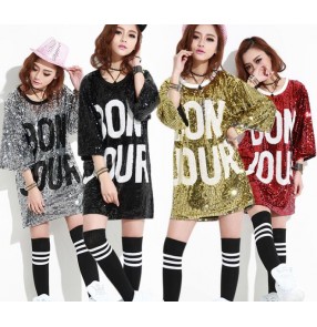 Green silver gold black red sequins paillette loose long style fashion stage performance hip hop jazz singer dance cos play dancing tops t shirts